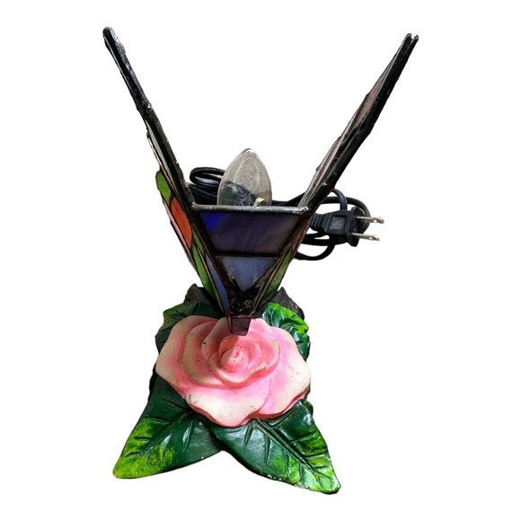 BUTTERFLY Tiffany Style Stained Glass Table Shelf Lamp Night Light 7" Tall - Picture 4 of 6